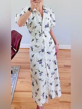 Les Reveries White Floral Puff-Sleeve Midi Dress